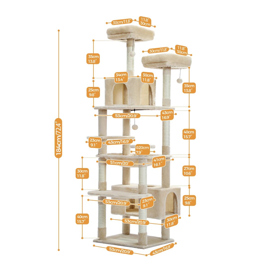 XXL Cat Tree Activity Centre, 184 cm, 2 Condos and Hammock — size diagram: height 184 cm, base 53 × 43 cm