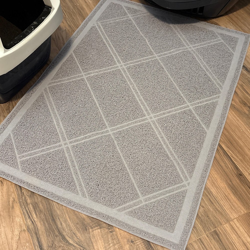 The mat on a laminate floor next to a cat litter box at home