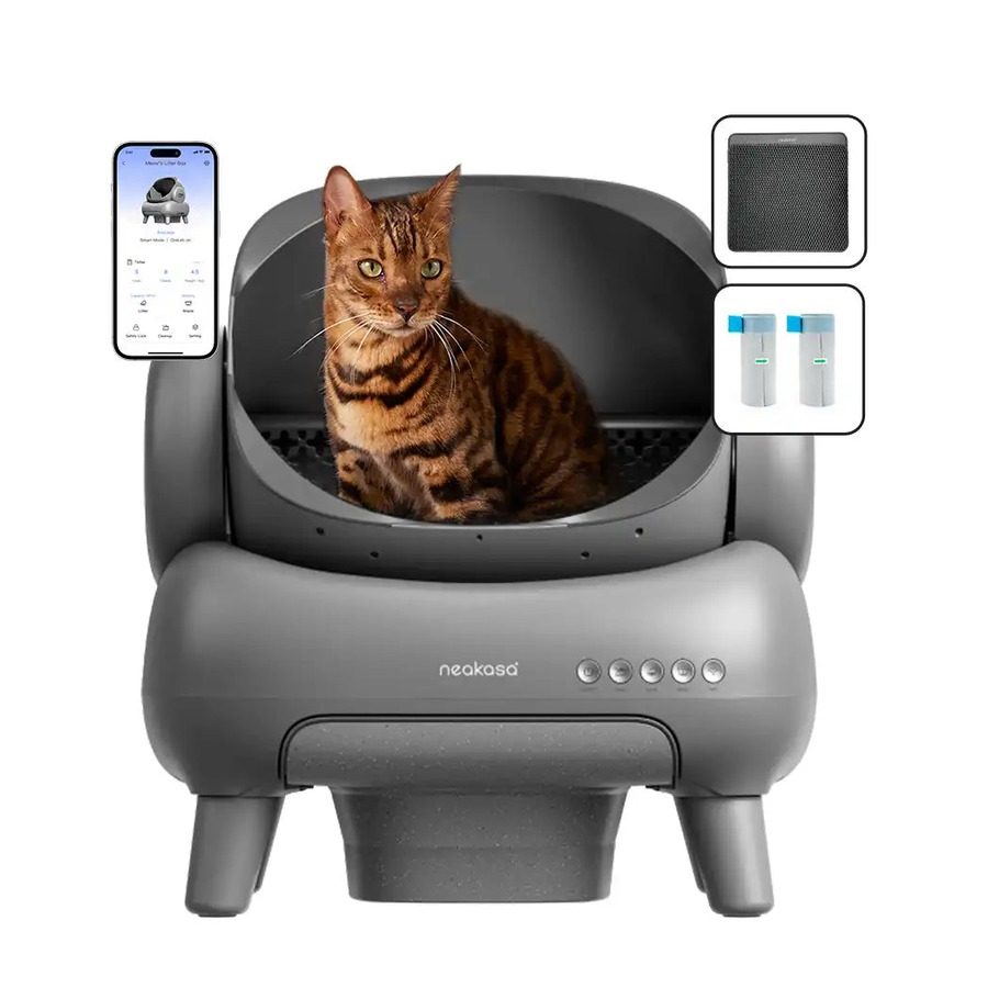 Neakasa M1 Plus — main view: open-top robot litter box, app and bags