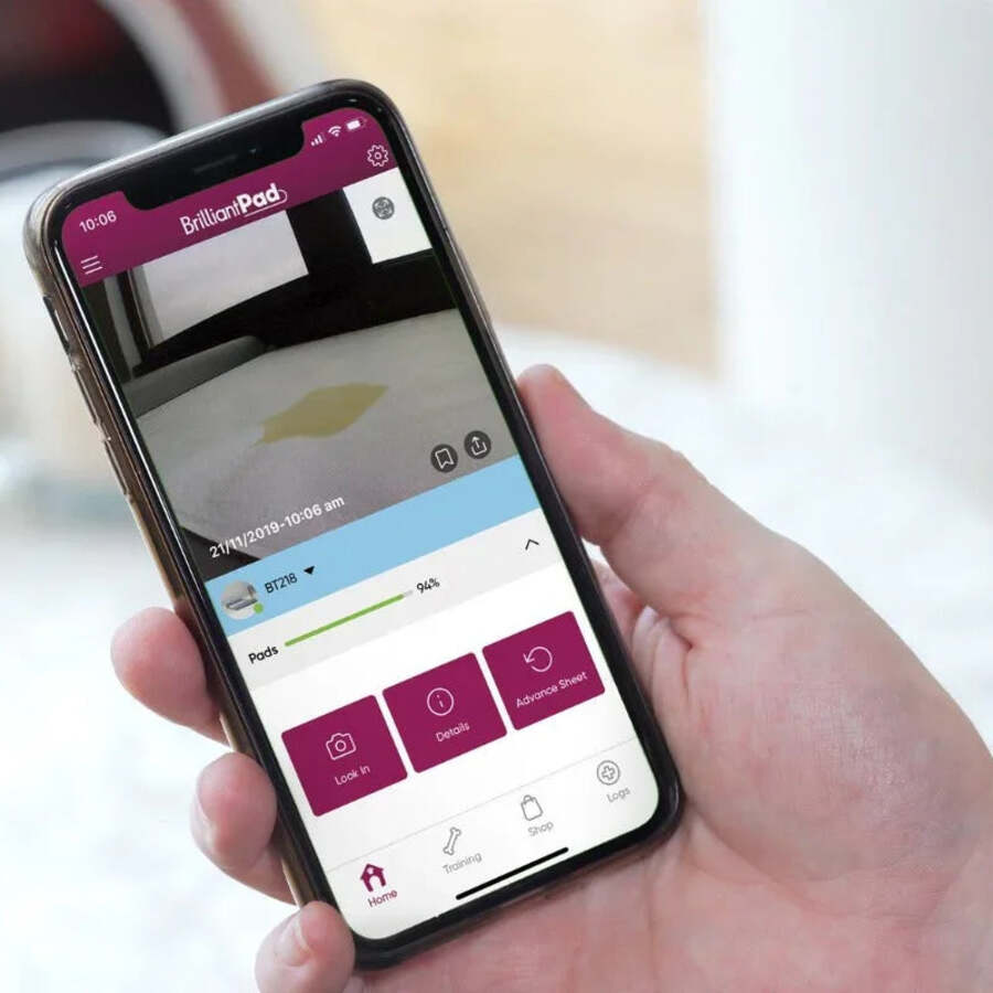 BrilliantPad Smart app on a smartphone: camera view and remote pad advance
